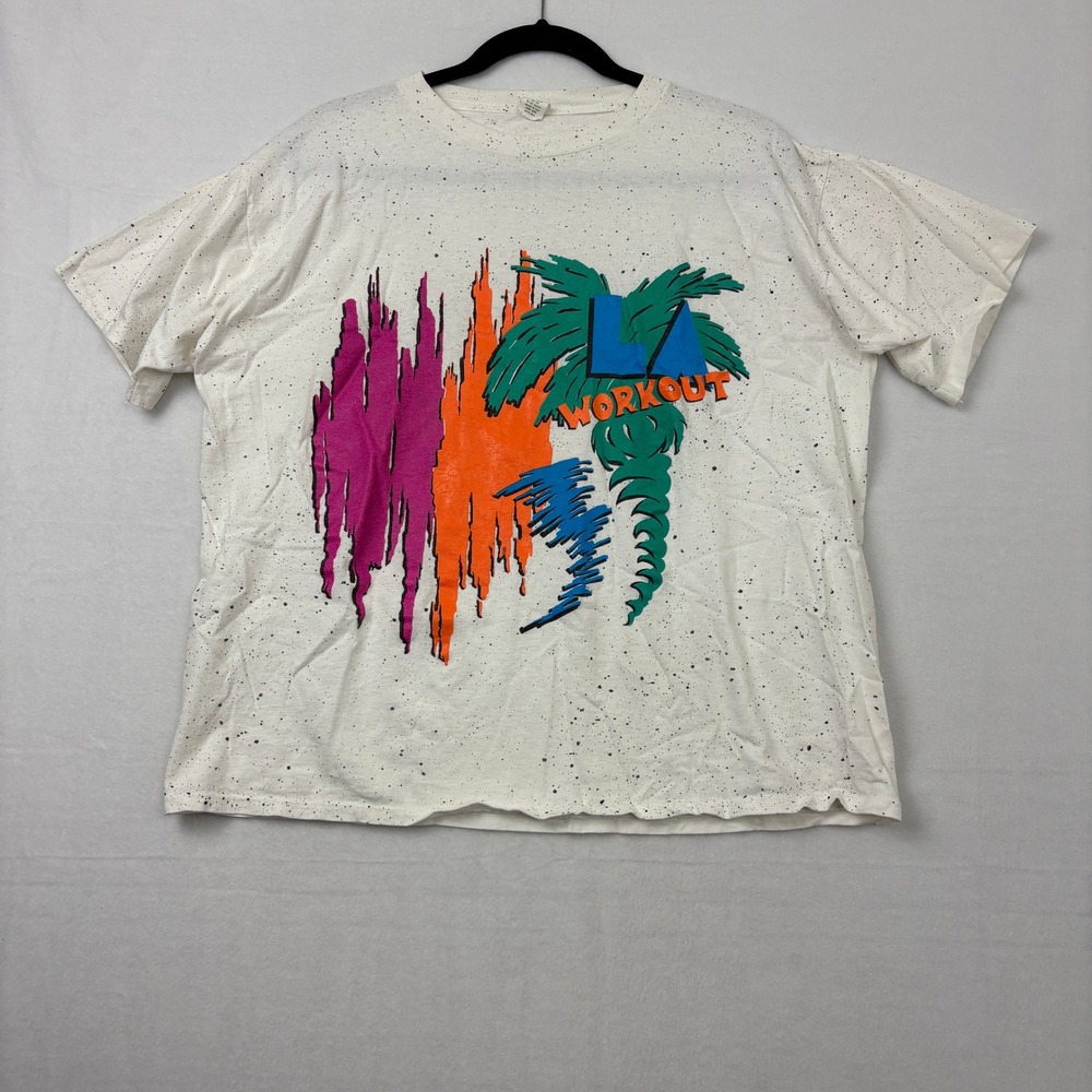 Vintage LA Workout T Shirt One Size White Paint Splatter Palm Tree Graphic USA